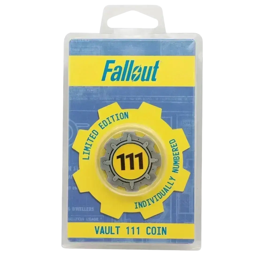 Fallout limited edition vault 111 door coin in yellow and gray with enamel detailing and double-sided design in original packaging