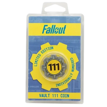 Fallout limited edition vault 111 door coin in yellow and gray with enamel detailing and double-sided design in original packaging