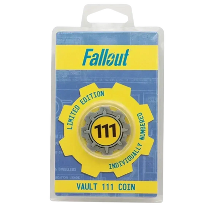 Fallout limited edition vault 111 door coin in yellow and gray with enamel detailing and double-sided design in original packaging