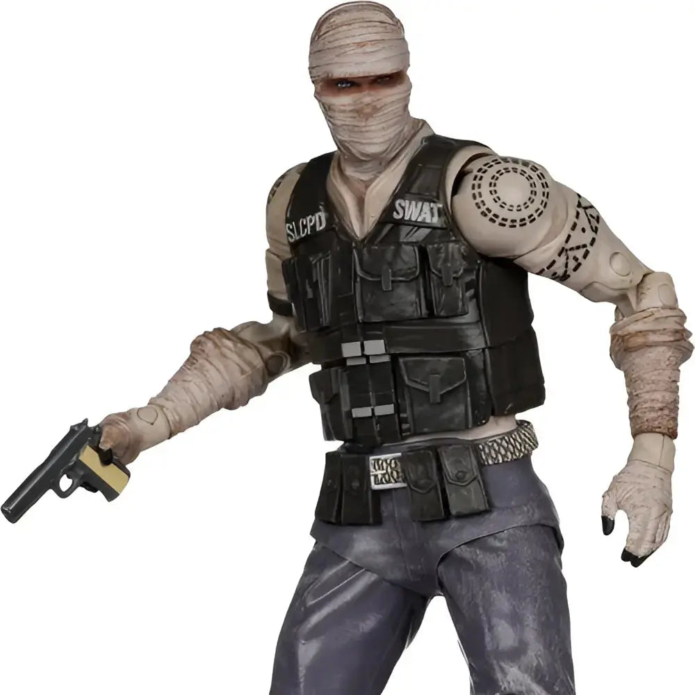 Fallout new vegas joshua graham action figure by mcfarlane gaming wearing black tactical vest with swat sicpd lettering