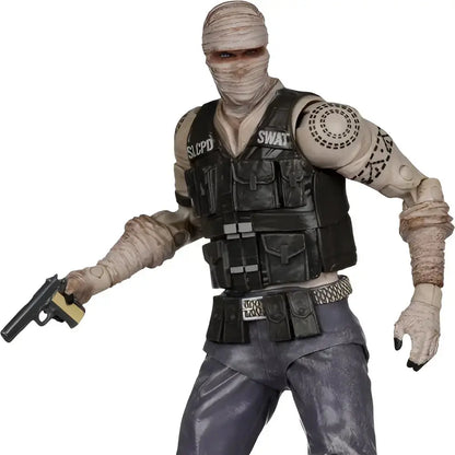 Fallout new vegas joshua graham action figure by mcfarlane gaming wearing black tactical vest with swat sicpd lettering