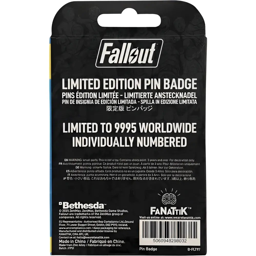 Black enamel fallout vault boy limited edition pin badge featuring charisma boy artwork with white logo and enamel detailing
