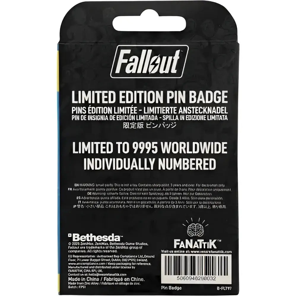 Black fallout vault boy limited edition pin badge with charisma boy artwork and enamel detailing, individually numbered