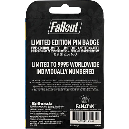 Fallout vault boy limited edition pin badge in black enamel featuring white charisma boy artwork and logo detailing