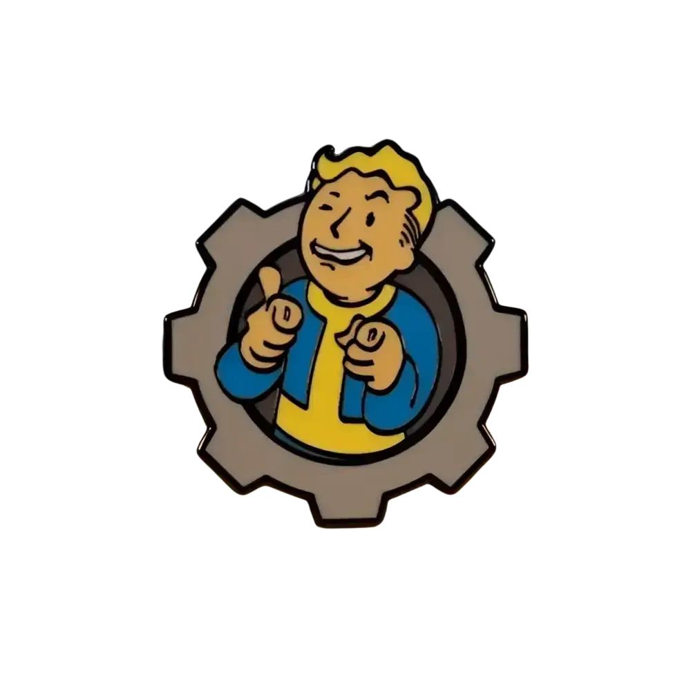 A metallic enamel pin badge of fallout vault boy with enamel detailing showing charisma boy artwork thumbs up