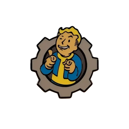 A metallic enamel pin badge of fallout vault boy with enamel detailing showing charisma boy artwork thumbs up