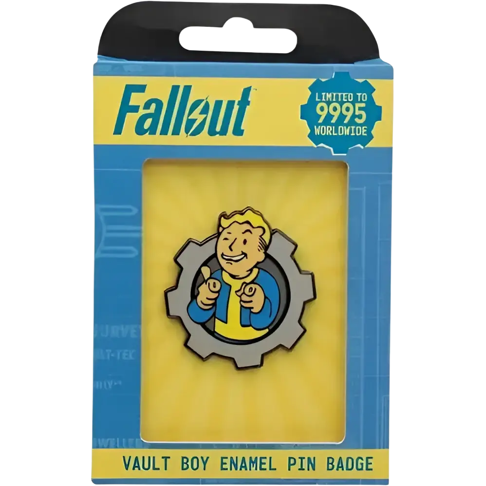 Fallout vault boy charisma boy artwork enamel pin badge with blue and yellow enamel detailing on gray gear background