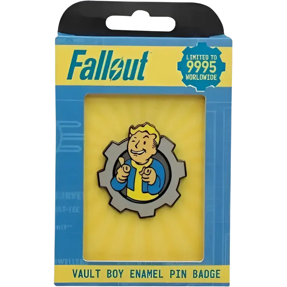 Fallout vault boy charisma boy artwork enamel pin badge with blue and yellow enamel detailing on gray gear background