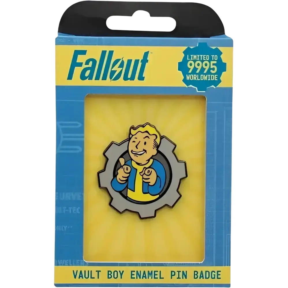 Fallout vault boy enamel pin badge featuring charisma boy artwork with blue yellow attire and enamel detailing