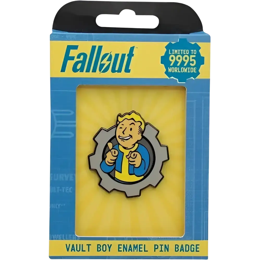 Fallout Vault Boy limited edition pin badge featuring charisma boy artwork in blue yellow enamel detailing on gray gear background