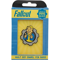 Fallout Vault Boy limited edition pin badge featuring charisma boy artwork in blue yellow enamel detailing on gray gear background