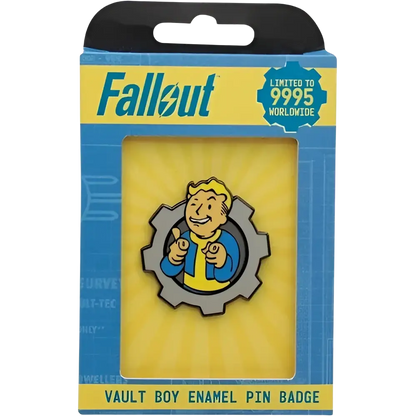 Fallout Vault Boy limited edition pin badge featuring charisma boy artwork in blue yellow enamel detailing on gray gear background
