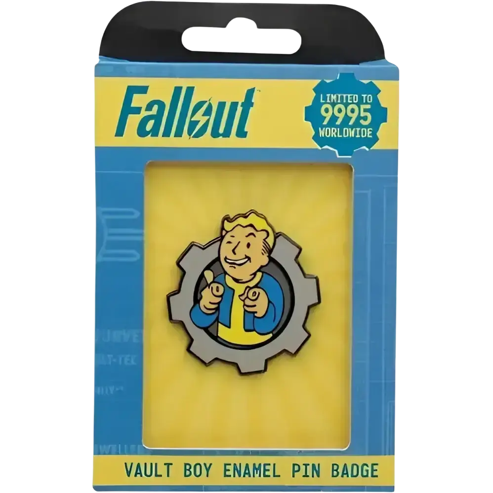 Fallout vault boy limited edition pin badge featuring charisma boy artwork with enamel detailing on gray gear background