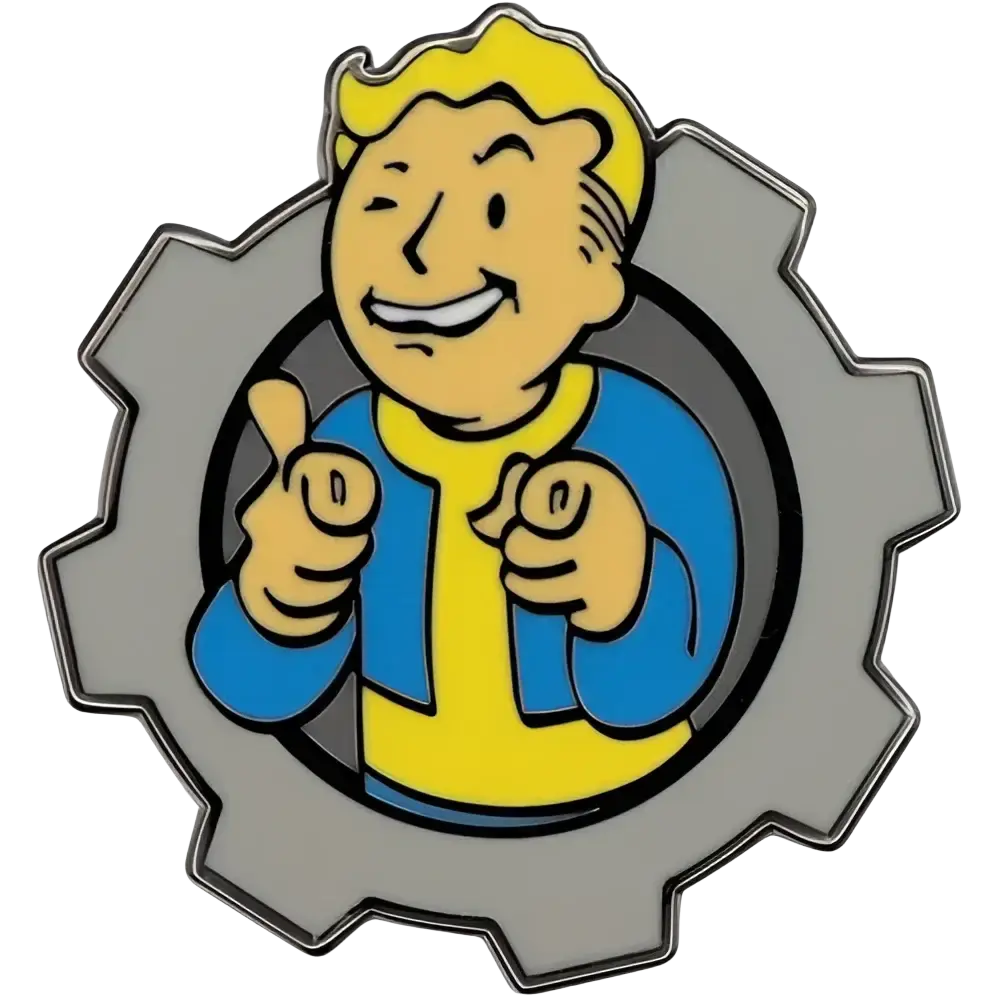 A metallic fallout vault boy pin badge featuring charisma boy artwork with enamel detailing and yellow-blue colors