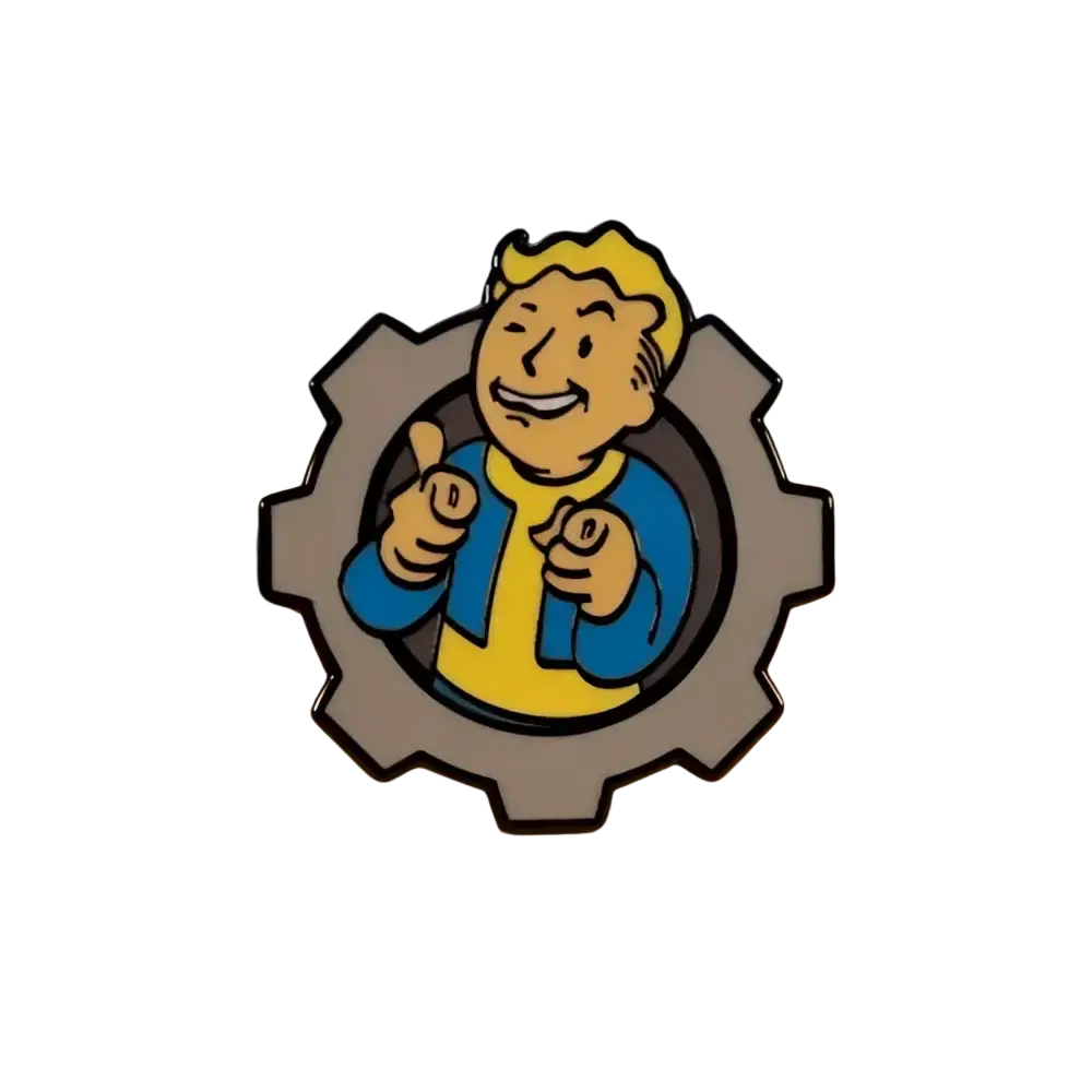 A metallic enamel pin featuring the iconic vault boy character from fallout, depicted with a cheerful expression and thumbs up inside a gear-shaped frame.