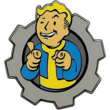 A metallic fallout vault boy pin badge with yellow hair and enamel detailing set against a gray gear background