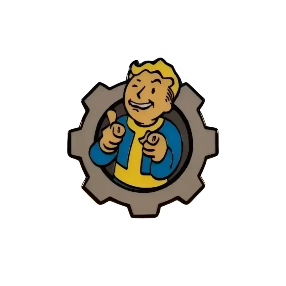 A metallic enamel pin badge featuring fallout vault boy with enamel detailing and charisma boy artwork in a gear frame