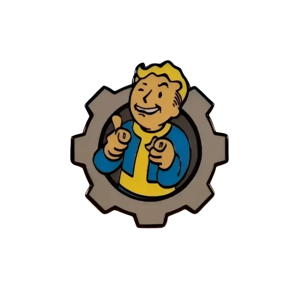 A metallic enamel pin badge featuring fallout vault boy with cheerful expression and enamel detailing charisma boy artwork