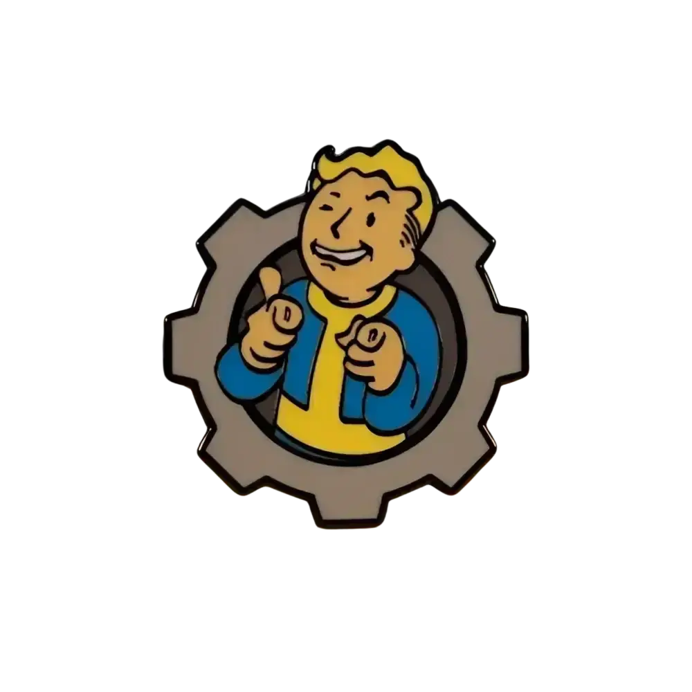 A metallic enamel pin badge of fallout vault boy with enamel detailing showing charisma boy artwork thumbs up