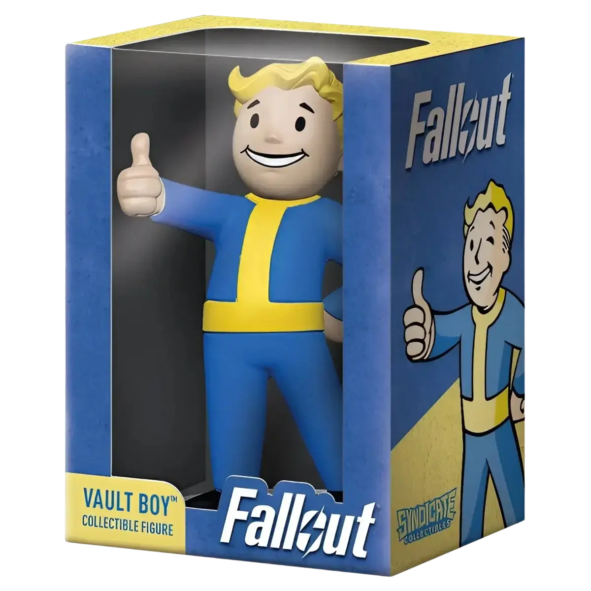 A collectible figure of Vault Boy from the Fallout video game series, packaged in a display box.