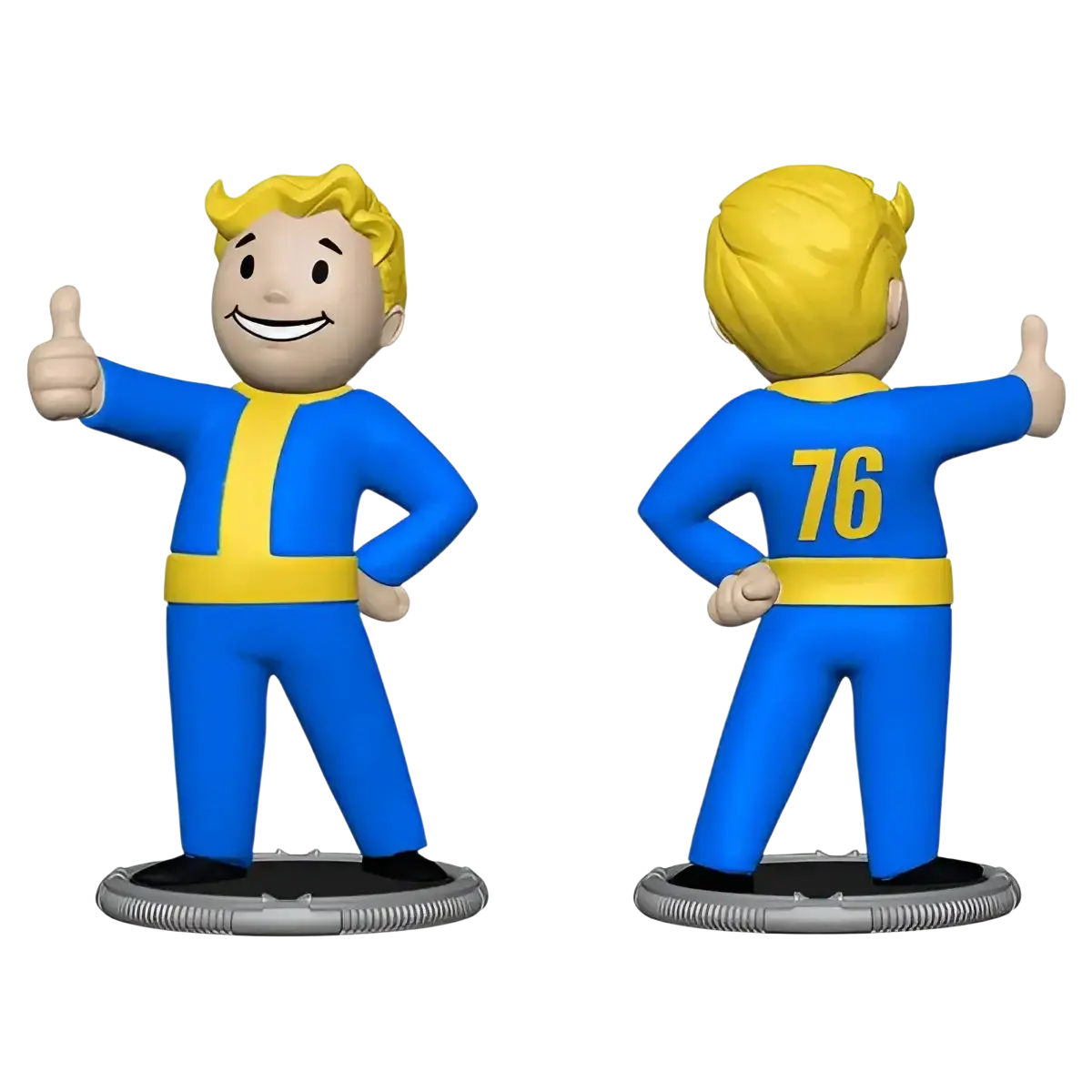 A collectible figurine of Vault Boy from Fallout, in his iconic blue and yellow jumpsuit, giving a thumbs-up.