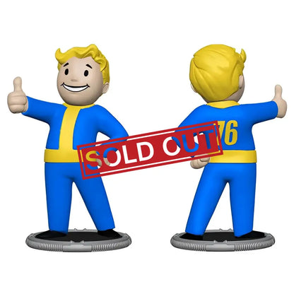 A collectible figurine of Vault Boy from Fallout, in his iconic blue and yellow jumpsuit, giving a thumbs-up.