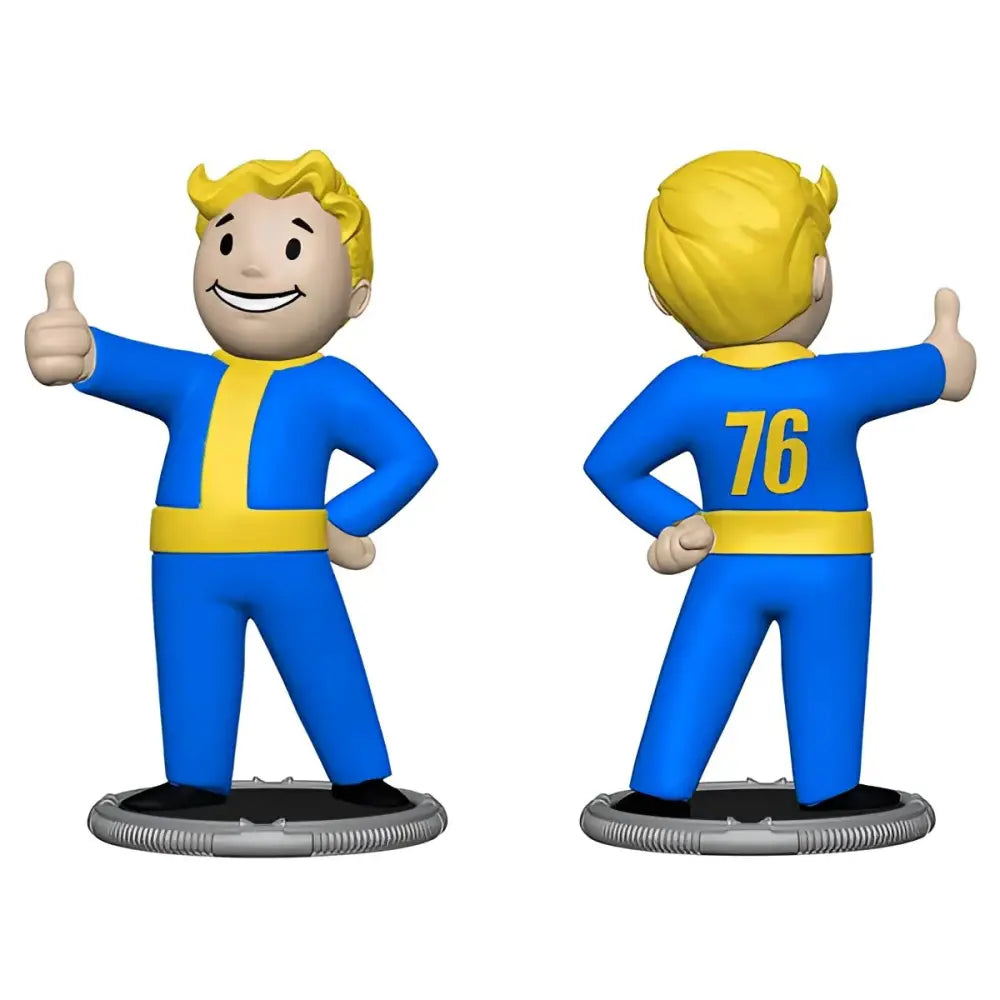 A collectible figurine of Vault Boy from Fallout, in his iconic blue and yellow jumpsuit, giving a thumbs-up.