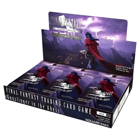 A display box of ’Final Fantasy Trading Card Game: Gunslinger in the Abyss’ booster packs.