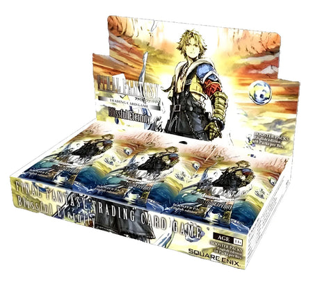 Final fantasy tcg blissful eternity booster box with blue and gold armored character on orange sky, square enix branding, ideal for final fantasy gunslinger fans