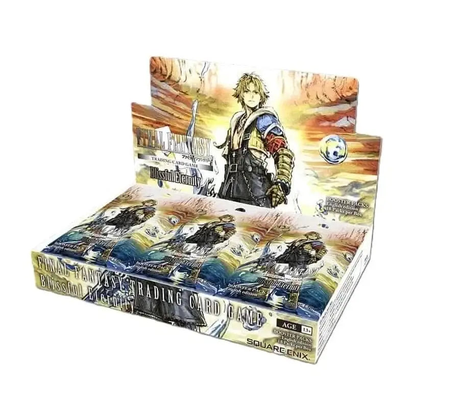 Final Fantasy TCG Blissful Eternity booster box featuring blonde Final Fantasy gunslinger against orange sky