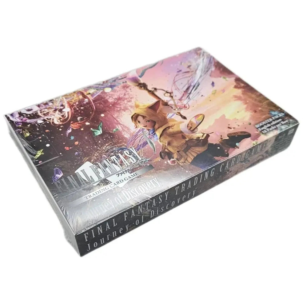 Final fantasy trading card game box featuring a vibrant fantasy artwork with characters in dynamic poses, predominantly purple and blue hues.