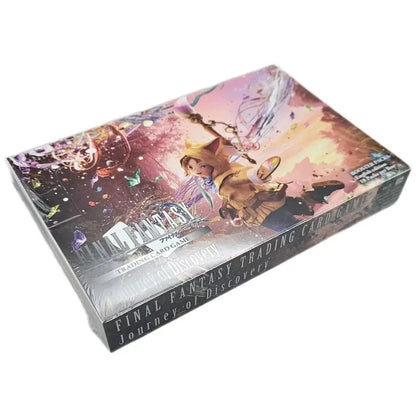 Final fantasy trading card game box featuring a vibrant fantasy artwork with characters in dynamic poses, predominantly purple and blue hues.