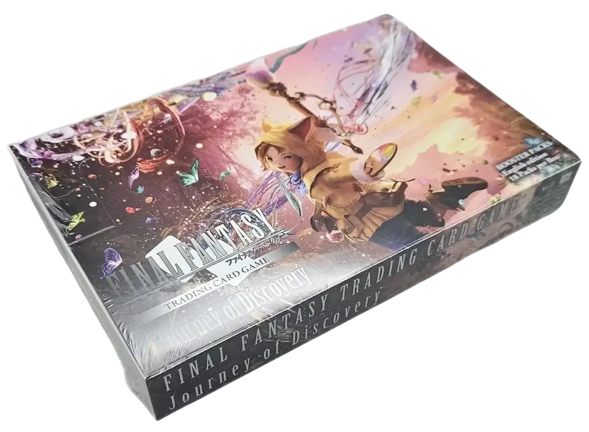 Final fantasy trading card game box featuring a vibrant fantasy artwork with characters in dynamic poses, predominantly purple and blue hues.