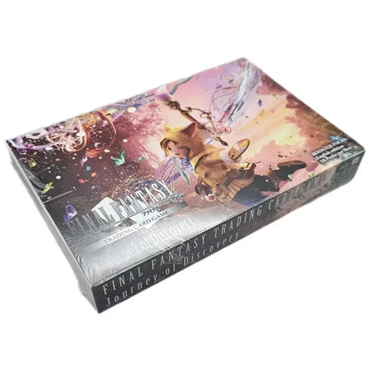 Final fantasy trading card game box featuring a vibrant fantasy artwork with characters in dynamic poses, predominantly purple and blue hues.