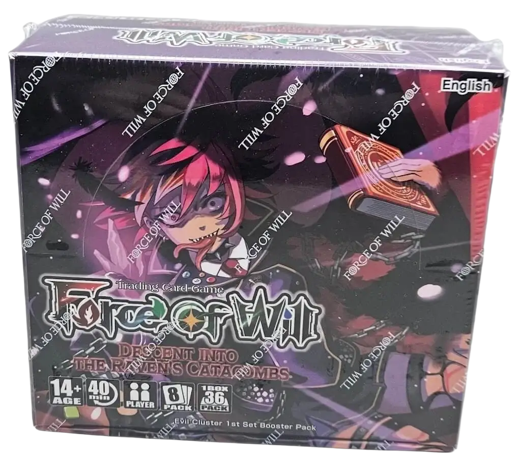 Sealed booster box for the ’Force of Will: Descent into the Raven’s Catacombs’ trading card game.