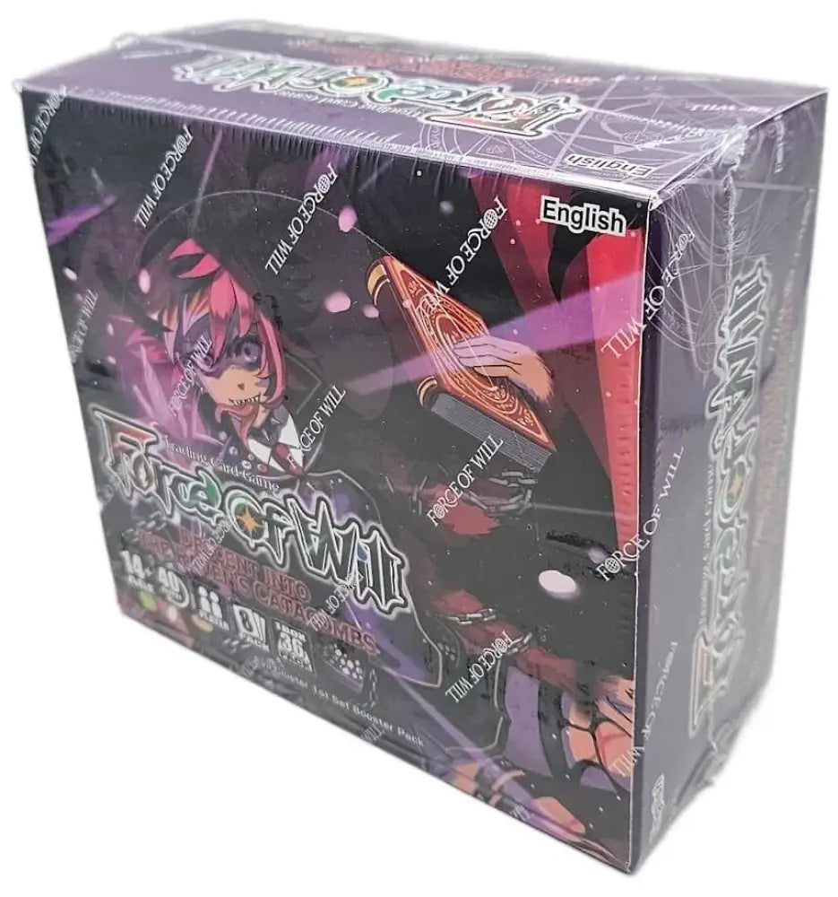 A sealed box of ’Force of Will’ trading card game booster packs, featuring anime-style characters and ’English’ text.