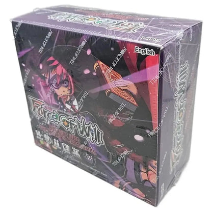 A sealed box of ’Force of Will’ trading card game booster packs, featuring anime-style characters and ’English’ text.