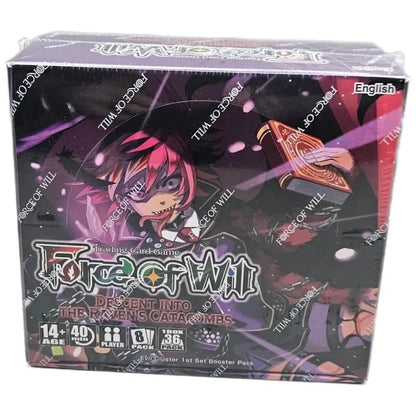 Sealed booster box for the ’Force of Will: Descent into the Raven’s Catacombs’ trading card game.