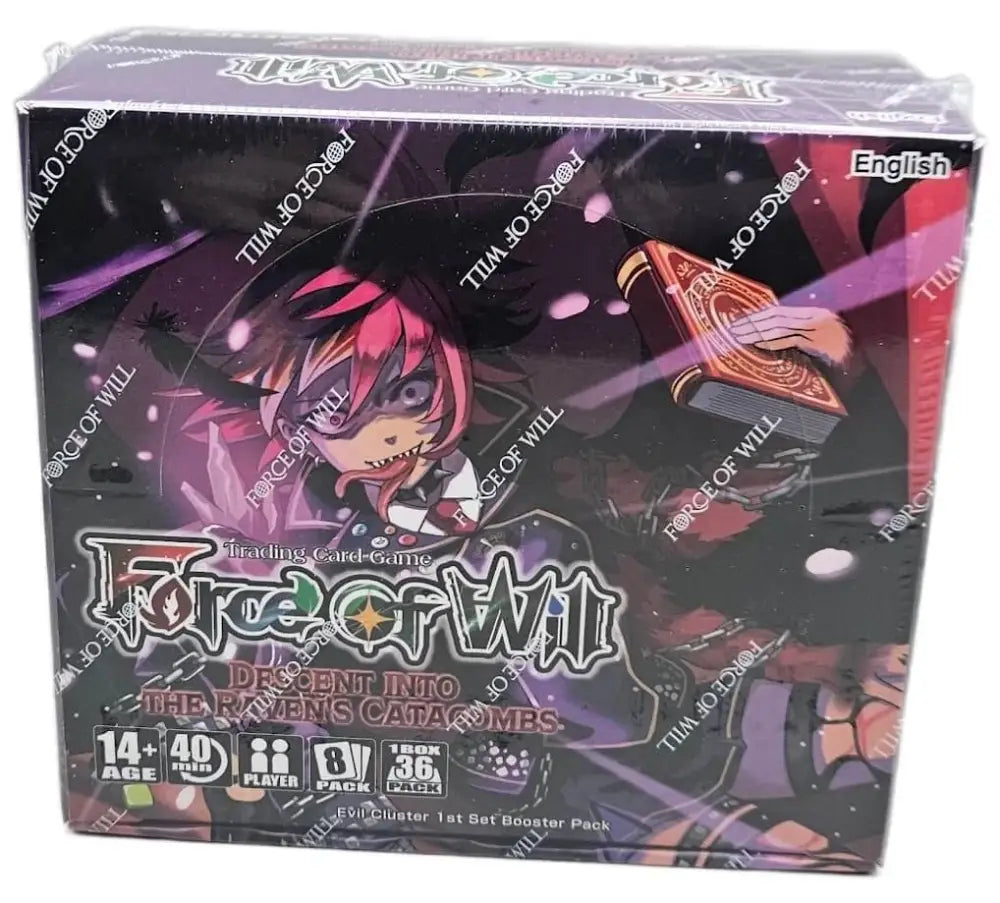 Sealed booster box for the ’Force of Will: Descent into the Raven’s Catacombs’ trading card game.