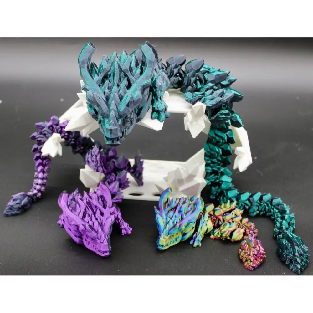 Colorful crystal dragon figurines.