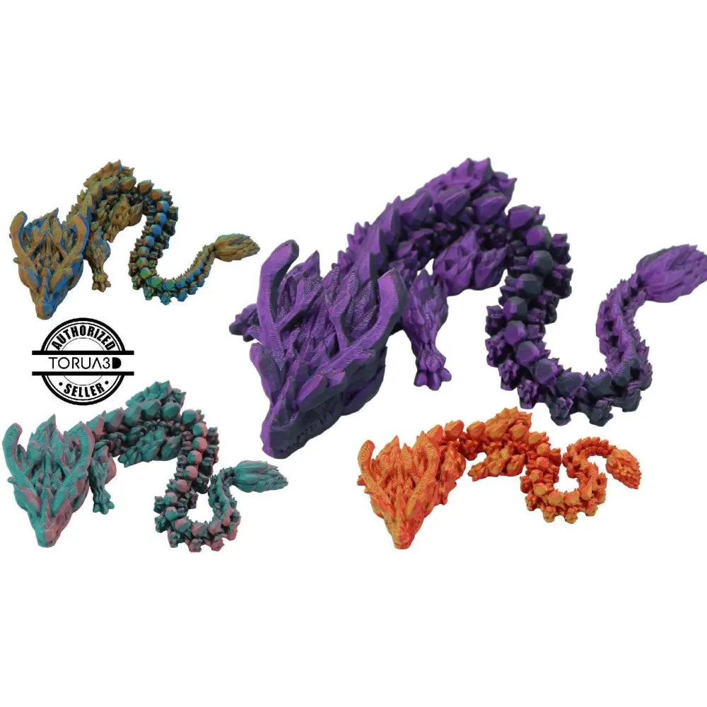 Colorful articulated crystal dragon figurines.