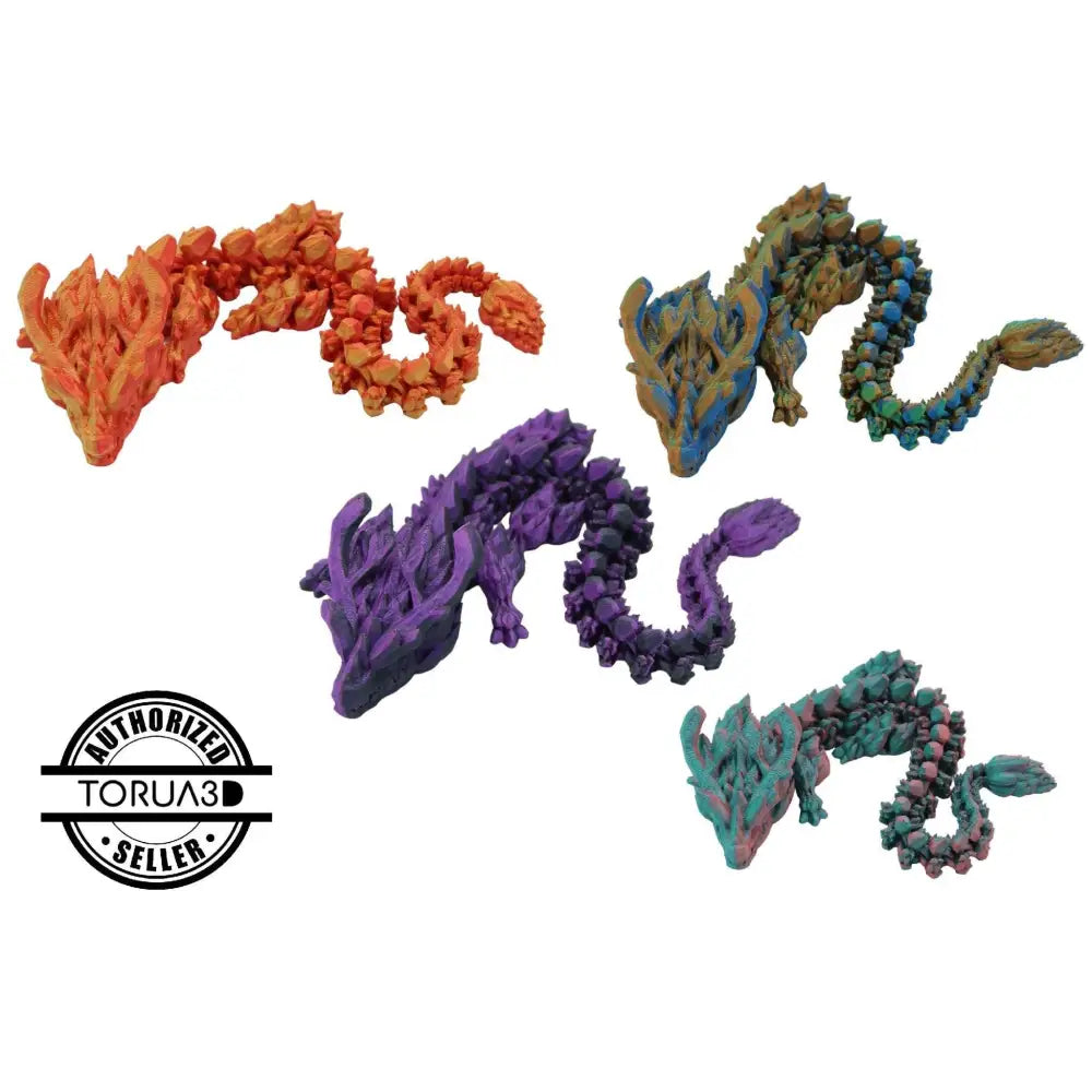 Colorful articulated dragon figurines.