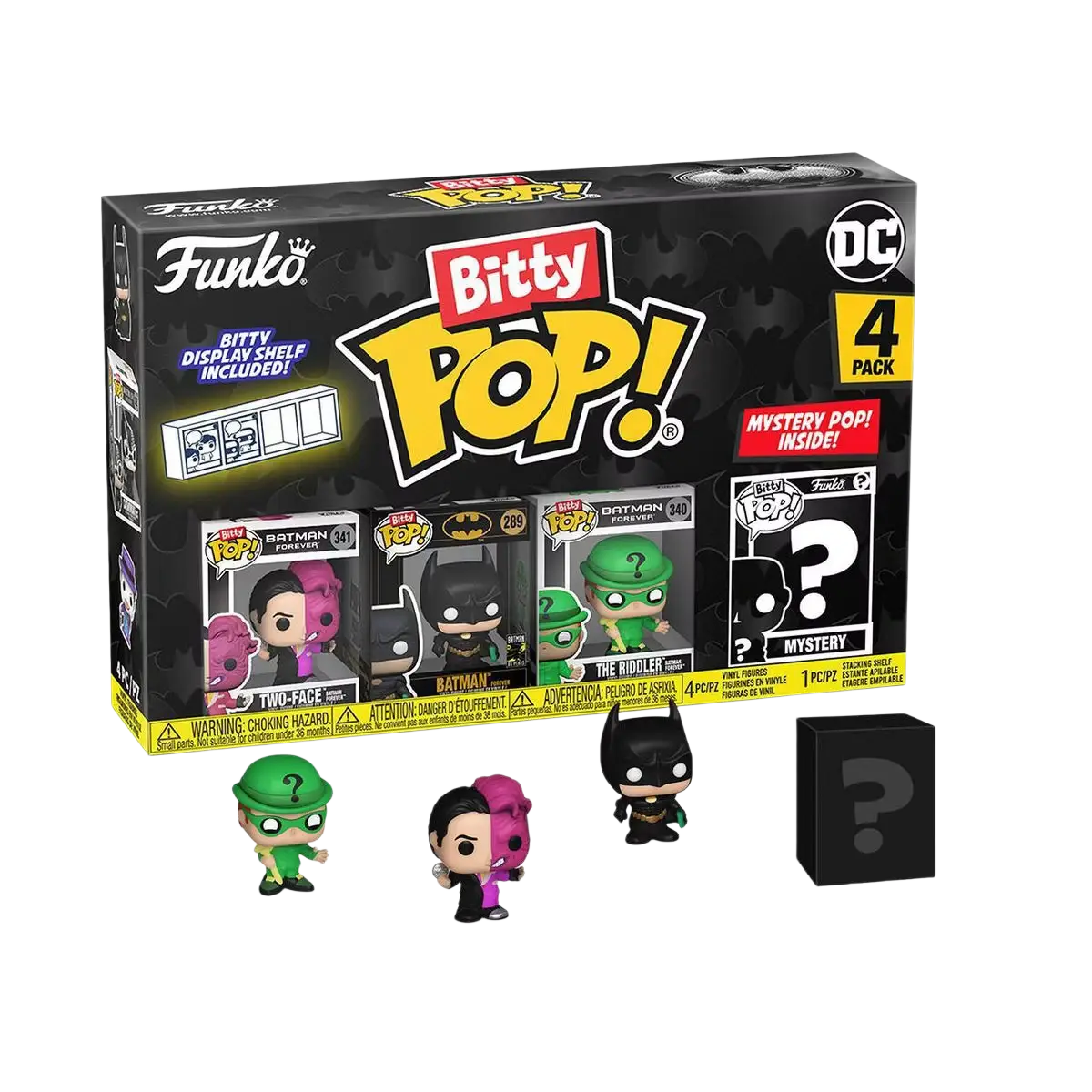Funko bitty pop vinyl figures of batman 85th anniversary two face riddler and mystery box in black and green colors