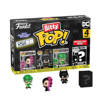 Funko bitty pop vinyl figures of batman 85th anniversary two face riddler and mystery box in black and green colors