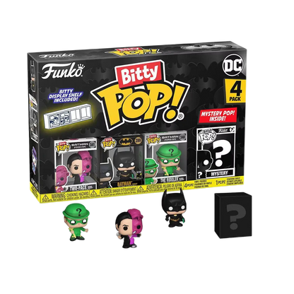 Funko bitty pop vinyl figures of batman 85th anniversary two face riddler and mystery box in black and green colors