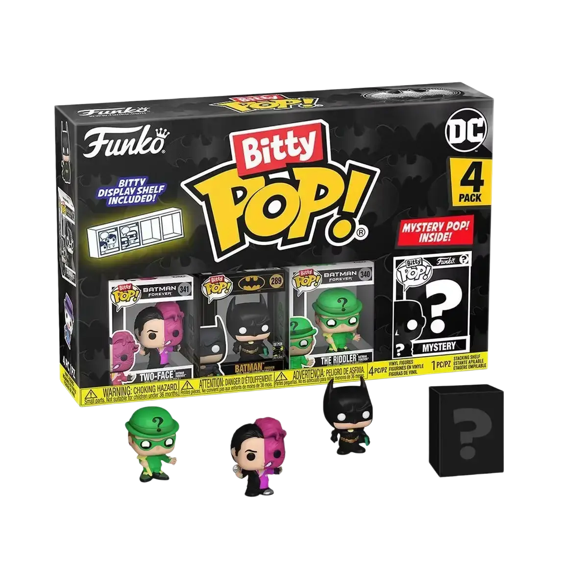 Funko bitty pop vinyl figures of batman 85th anniversary two face riddler and mystery box in black and green colors