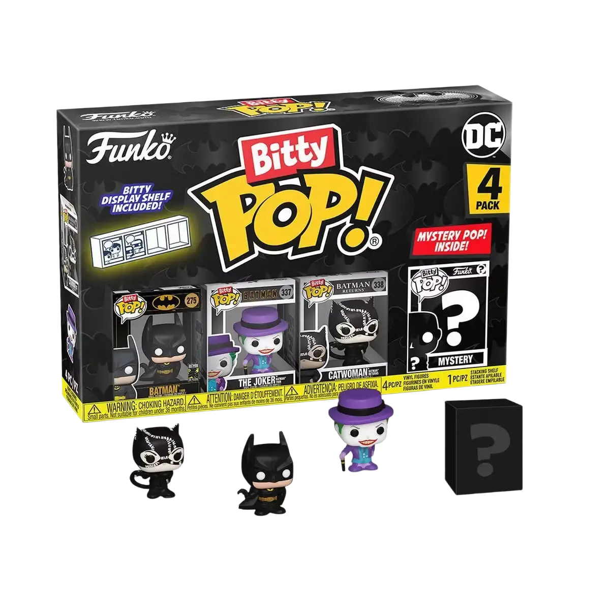 Black and purple funko bitty pop vinyl figures of batman joker catwoman with mystery box for 85th anniversary officially licensed