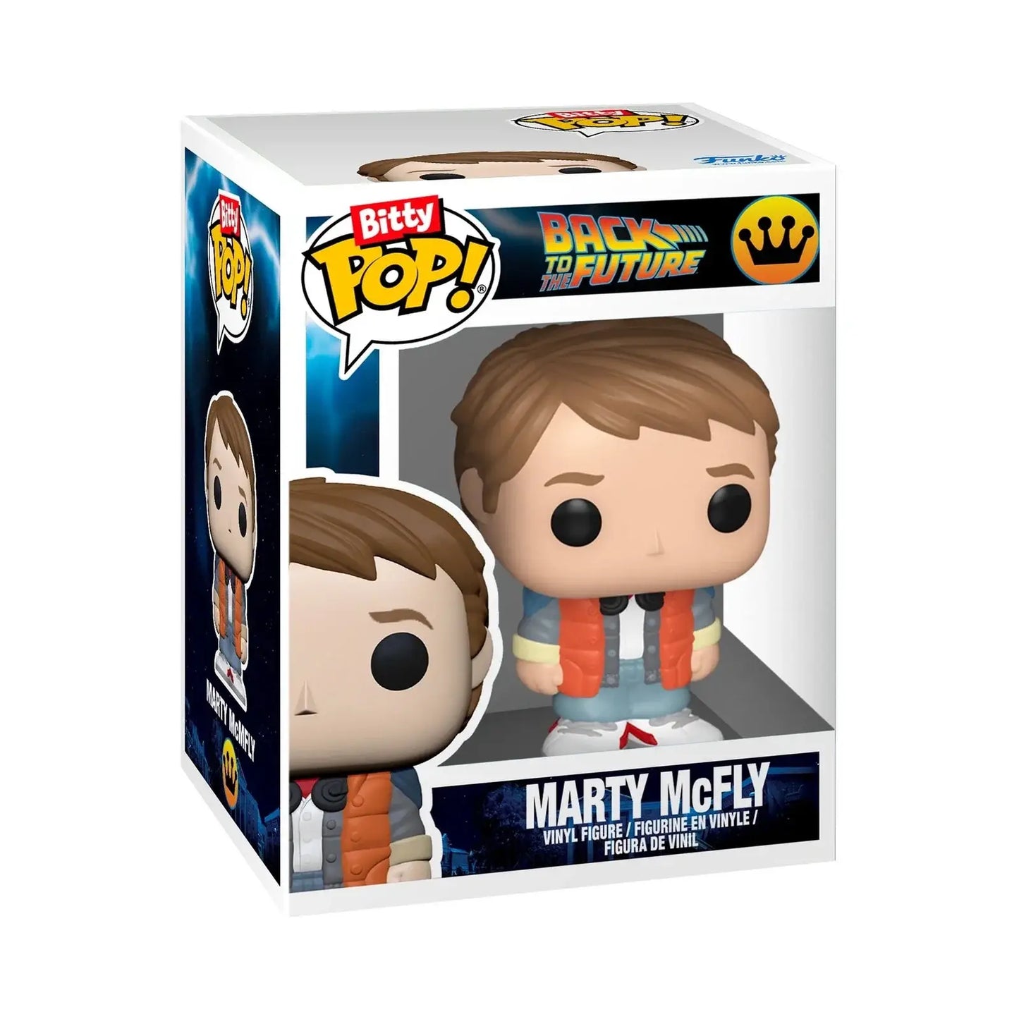 Funko bitty pop vinyl figure of Marty McFly in blue jacket and orange vest packaged for back to the future time machine fans