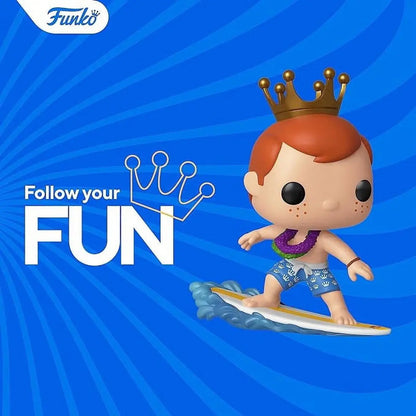 Funko bitty pop surfer boy figure with reddish-brown hair gold crown purple lei blue swim trunks from classic film future time machine