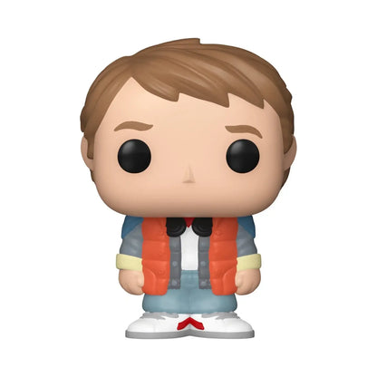 Funko bitty pop vinyl figure of Marty McFly in orange vest from classic film back to the future time machine series
